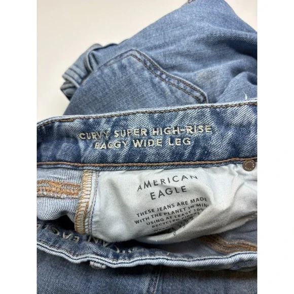 American Eagle Jeans 10 Blue Curvy Super High Rise Baggy Wide Leg Cargo - Picture 7 of 14
